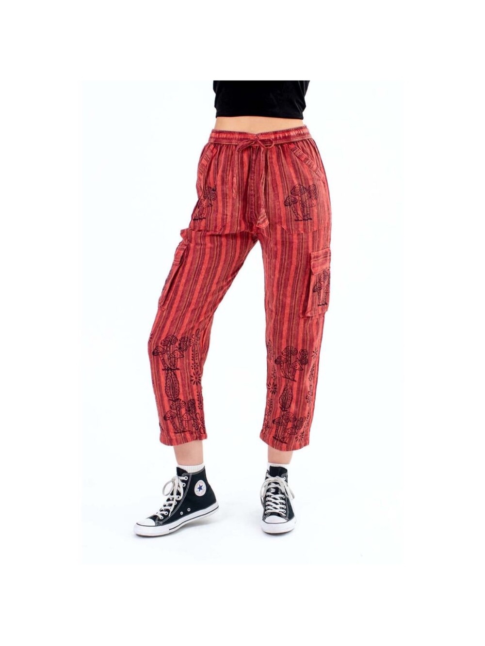 Rising international mushroom print stripped cargo pants large